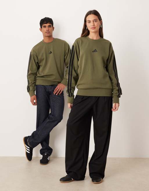 adidas Sportswear Three Stripe fleece sweatshirt in khaki, 3 of 4