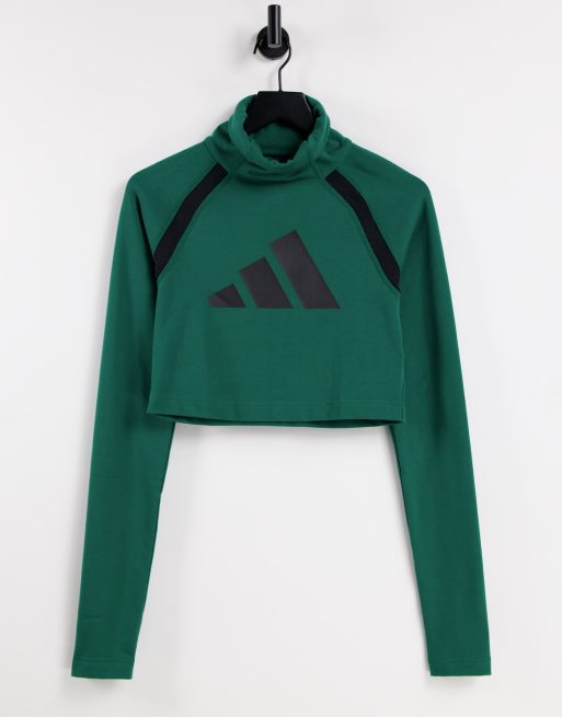 adidas Sportswear turtleneck cropped long sleeve top with large logo in green