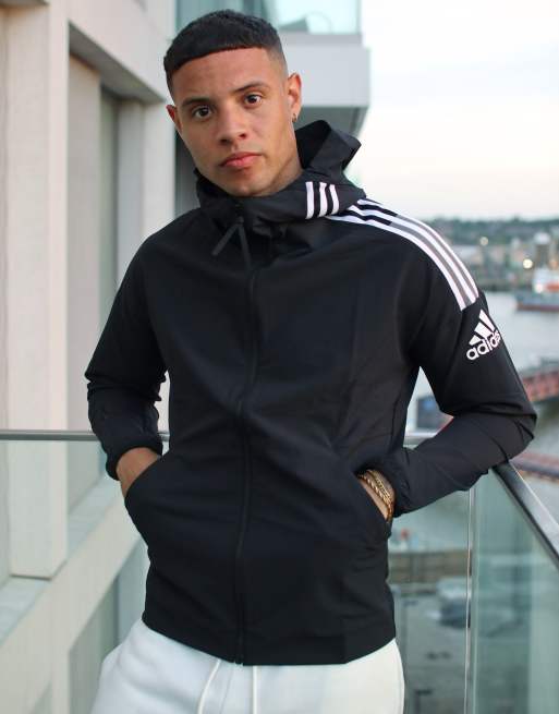 Adidas originals three stripe sale zip thru hoodie in black