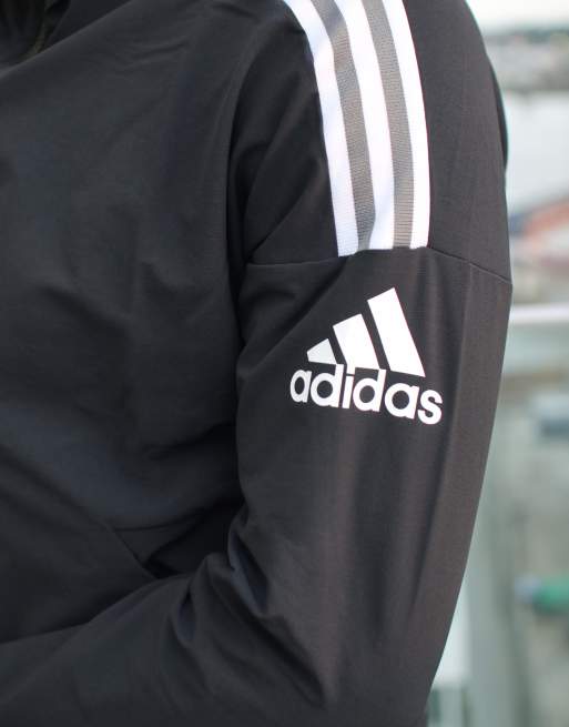 Adidas zne 3 stripe discount zip thru hoodie in black