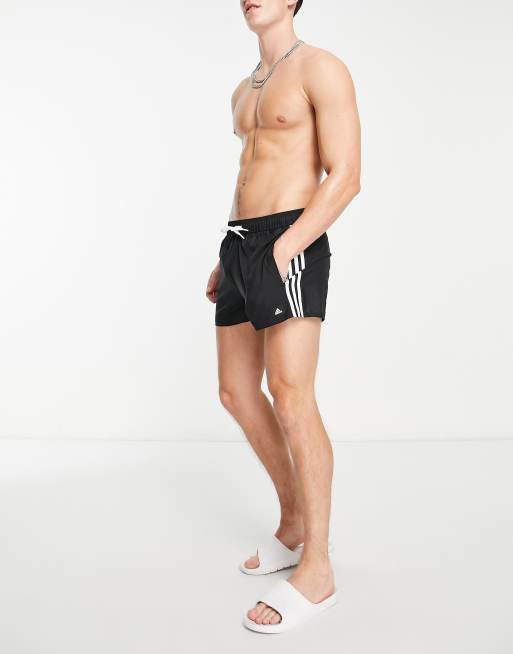 adidas Swim 3 stripes swim shorts in black and white