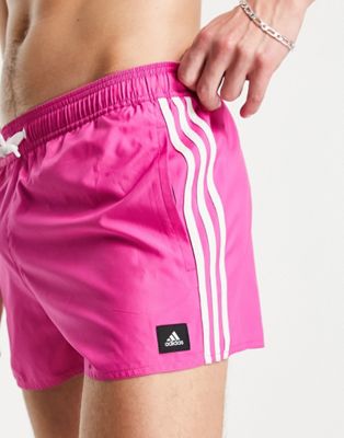 adidas Swim 3 stripes swim shorts in pink and white