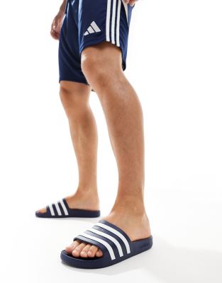 adidas performance adidas Swim Adilette white stripe sliders in navy