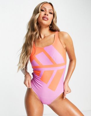 adidas Swim logo colour block swimsuit in lilac and orange