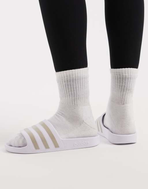 adidas Swimming Adilette aqua sliders in white, 2 of 4