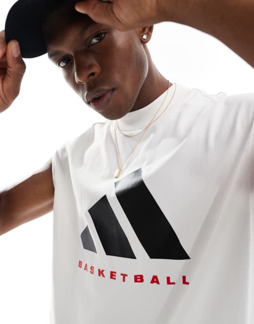 adidas - T-shirt senza maniche bianca nera e rossa con scritta “Basketball”, 3 di 4