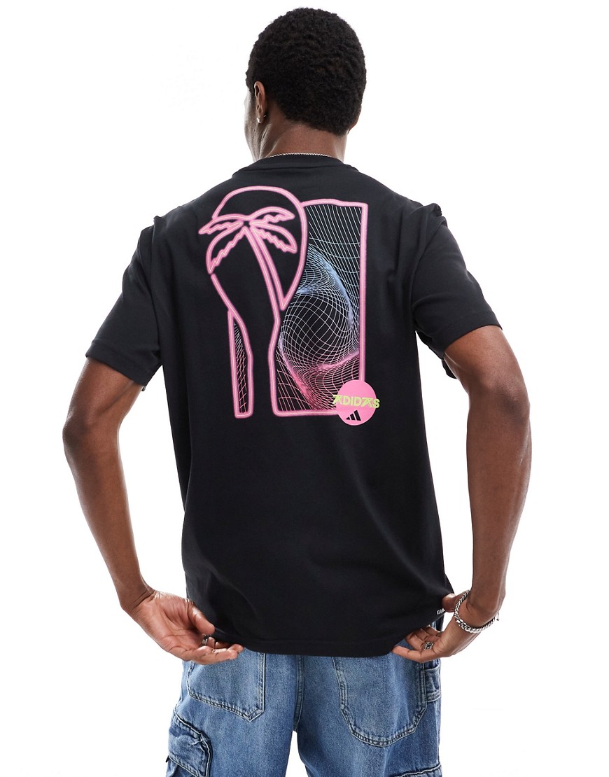 adidas Tennis neon backprint t-shirt in black and pink