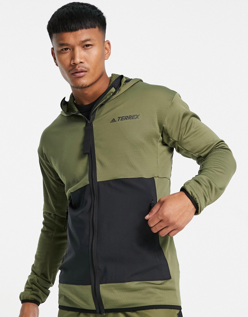 Adidas Terrex fleece lined jacket with hood in khaki-Green