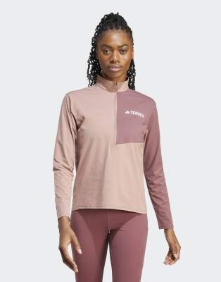 adidas Terrex - Multi Climacool - Langärmliges T-Shirt in Warm Clay mit kurzem Reißverschluss-Braun
