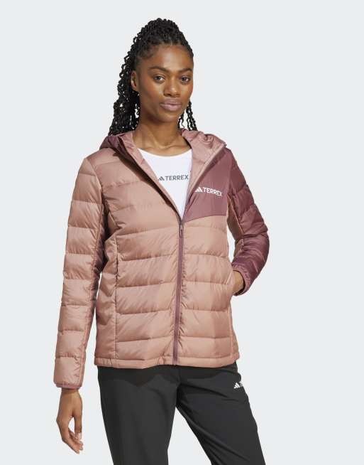 adidas Terrex multi light down hooded jacket in warm clay