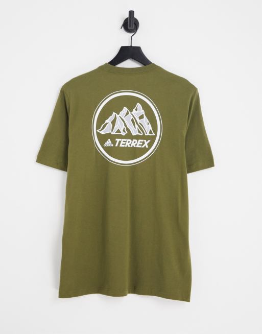 adidas – Terrex – T-shirt w kolorze khaki z nadrukiem graficznym gór z tyłu