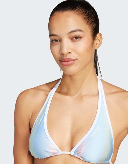 adidas – Tiro – Neckholder-Bikini in glänzendem Blau/Weiß ASOS