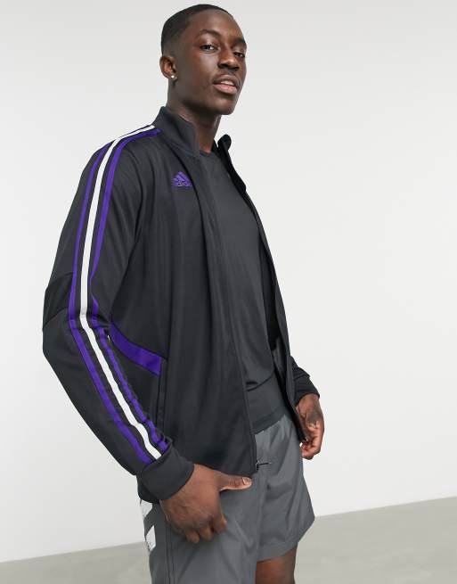 adidas Tiro track jacket in black with purple logo