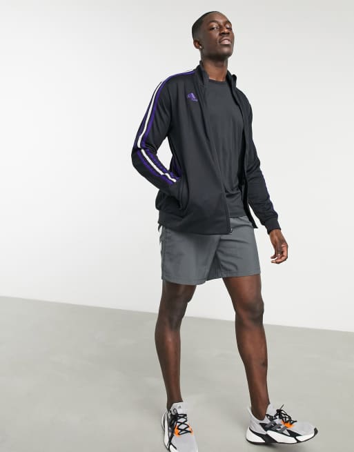 adidas Tiro track jacket in black with purple logo