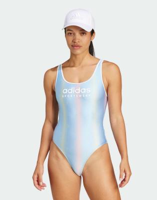 adidas Tiro u-back swimsuit in glow blue / white