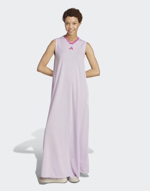 adidas - Tiro - Vestito lungo in rete morbida color lavanda ghiaccio con 3 strisce