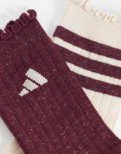 adidas Training – 2er-Pack Crew-Socken in Burgunderrot mit Rüschen, 2 von 3