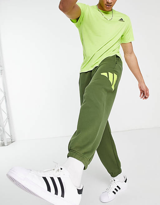 Men adidas Training 3 bar logo joggers in khaki 