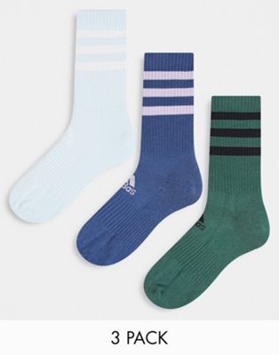 adidas Training 3 pack 3-stripe crew socks in khaki, navy and mid blue