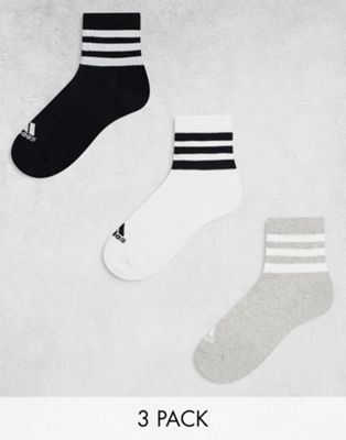adidas Training 3 pack 3 stripe crew socks in white,black and grey