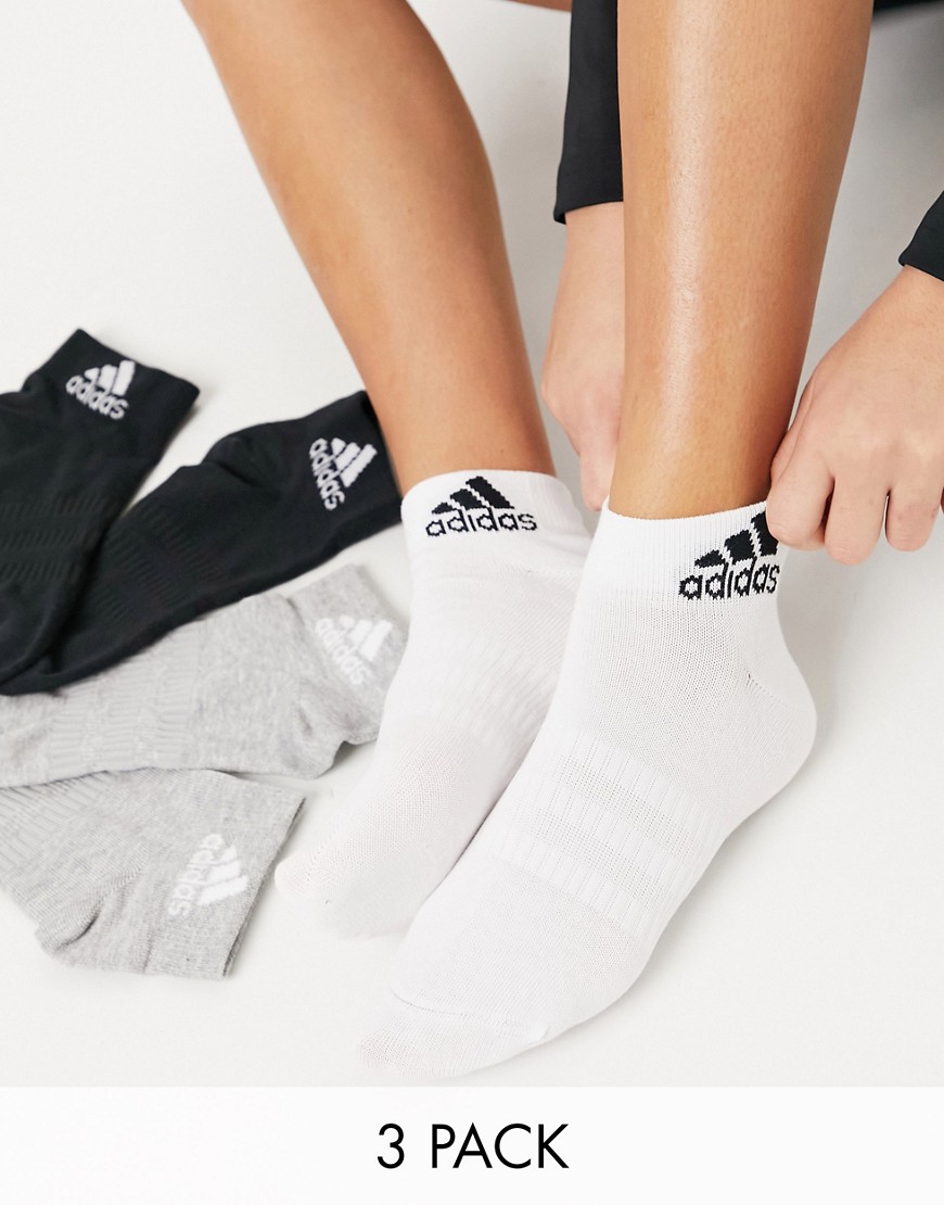adidas Training 3 pack ankle socks in black white and grey