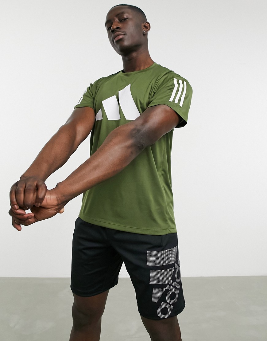 Adidas Training 3 stripe bar logo t-shirt in green-Grey