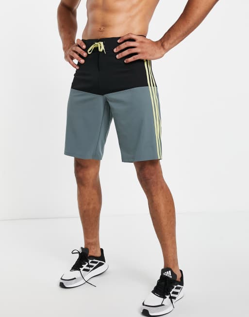 adidas training 3 stripe color block board shorts in black and