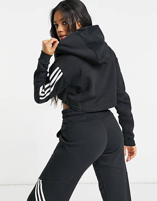 adidas Training 3 stripe cropped hoodie in black