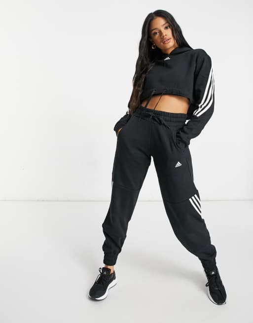 adidas Training 3 stripe cropped hoodie in black