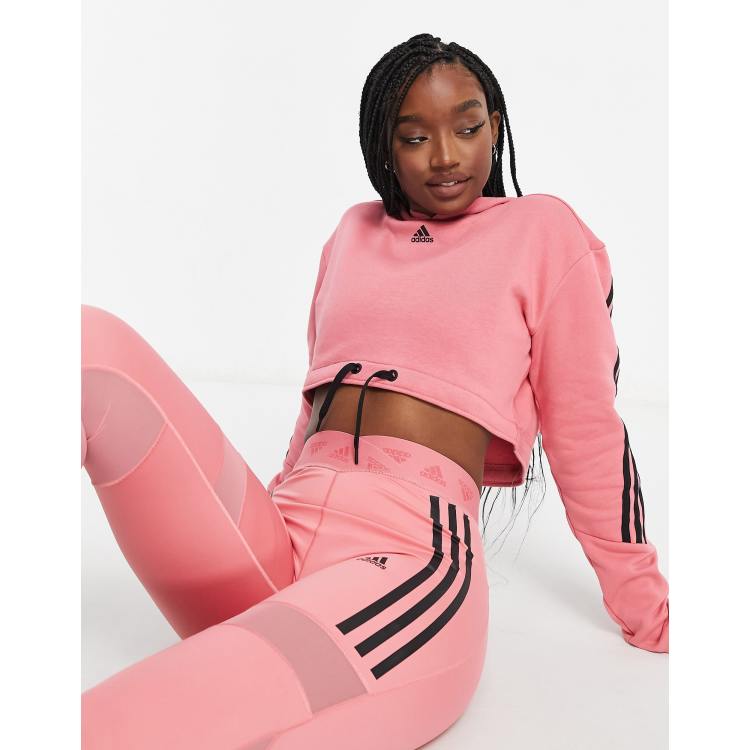 adidas Training 3 stripe cropped hoodie in pink ASOS