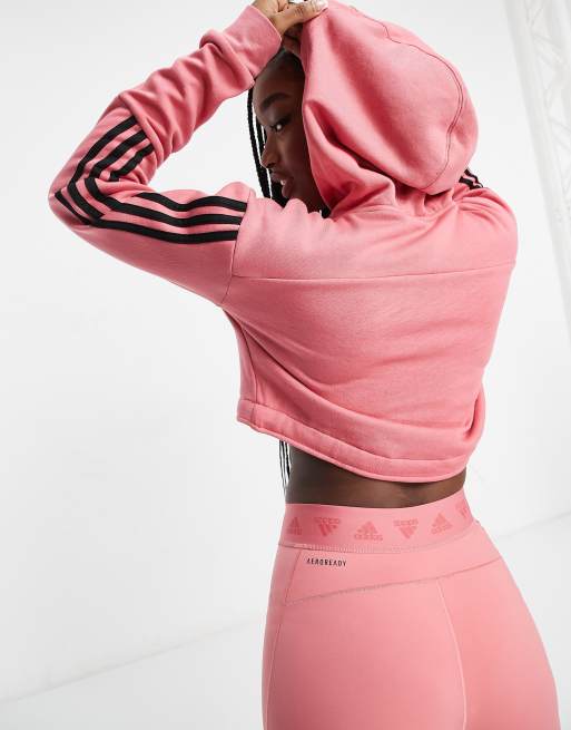 adidas Training 3 stripe cropped hoodie in pink