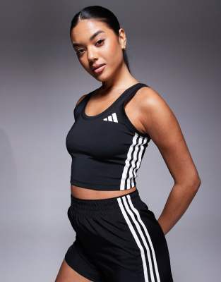 adidas Training 3 stripe cropped tank top in black - view 1