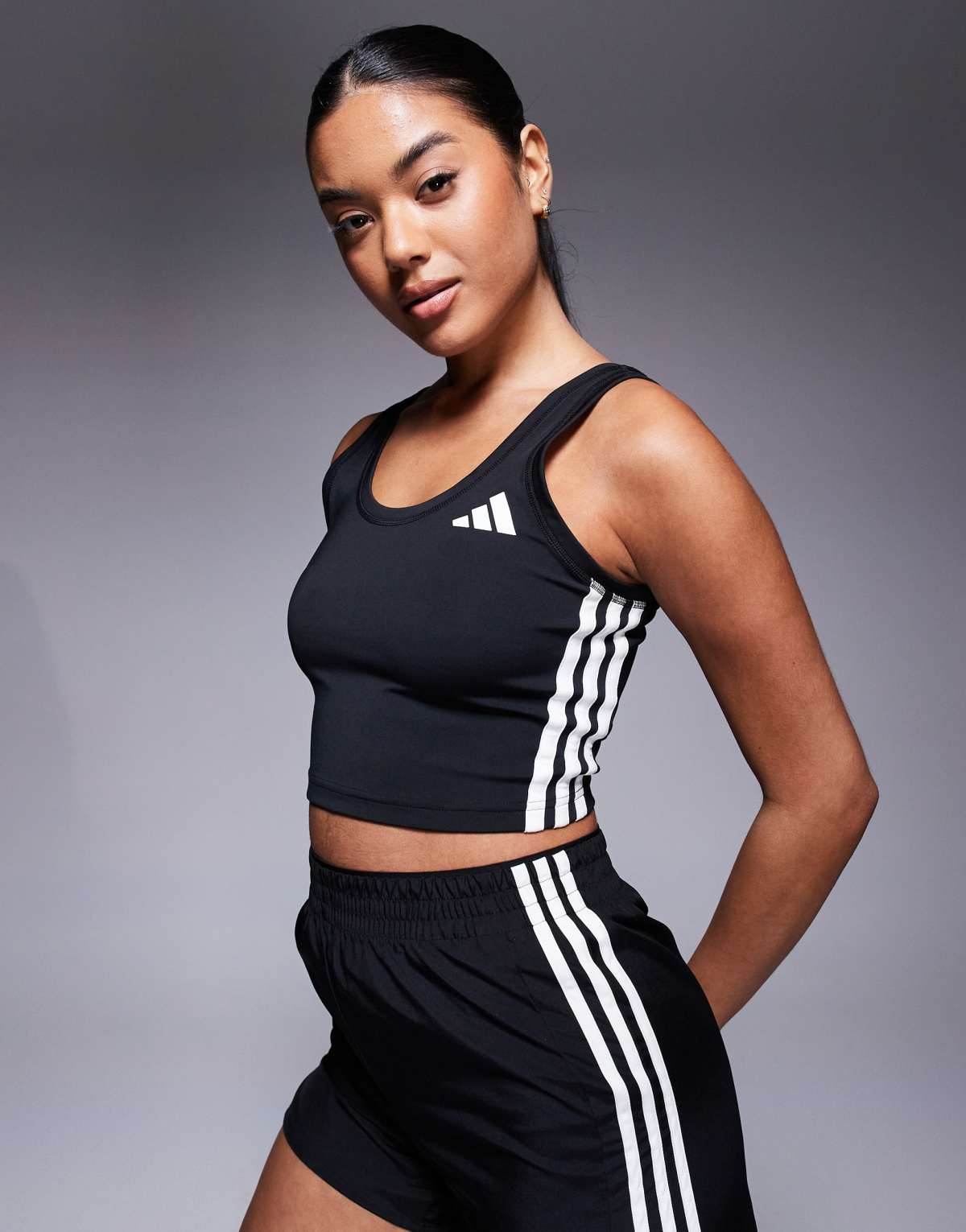 adidas Training 3 stripe cropped tank top in black