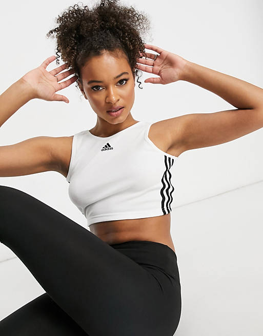 adidas Training 3 stripe cropped top in white