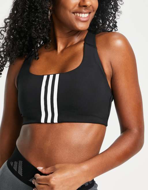 adidas Training 3 Stripe design mid-support sports bra in black