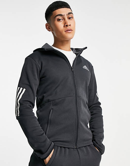 adidas Training 3 stripe full zip hoodie in black