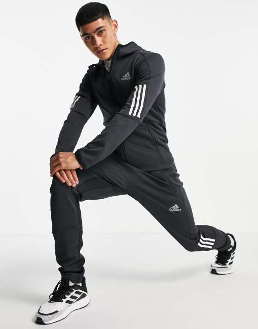 adidas Training 3 stripe full zip hoodie in black, 2 of 4