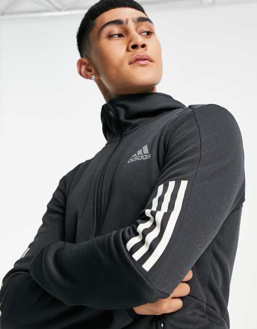 adidas Training 3 stripe full zip hoodie in black, 3 of 4