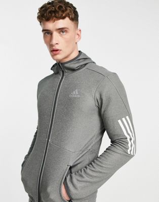 adidas Training 3 stripe full zip hoodie in grey
