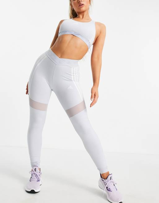 adidas Training 3 stripe leggings in baby blue