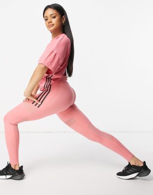 adidas training three stripe leggings in dark pink