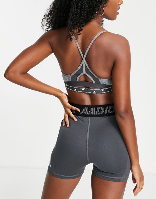 adidas Training 3 Stripe low-support sports bra in grey
