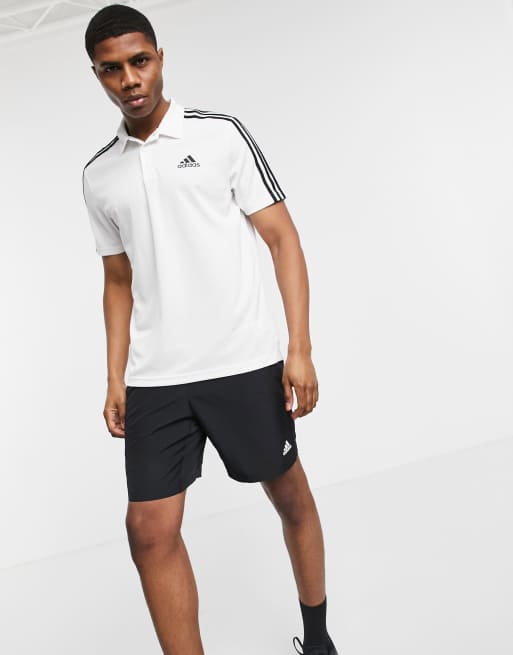 adidas Training 3 stripe polo shirt in white