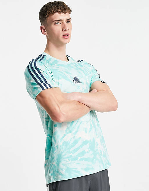 adidas Training 3 stripe tie dye t-shirt with back print in mint