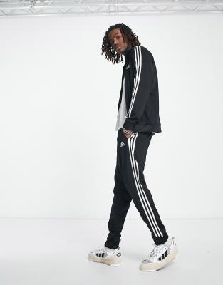 adidas Training 3 stripe tracksuit in black ASOS