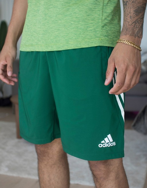 adidas Training 3 stripe woven shorts in green