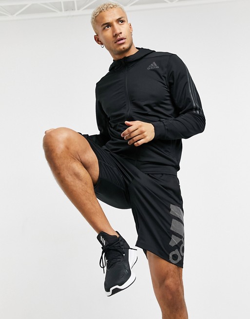 adidas Training 3 stripe zip through hoodie in black