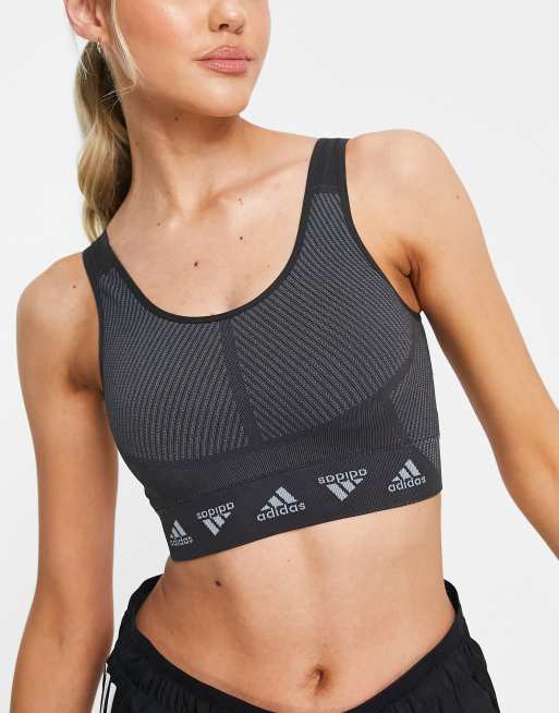 adidas Training Aeroknit repeater logo low support sports bra in