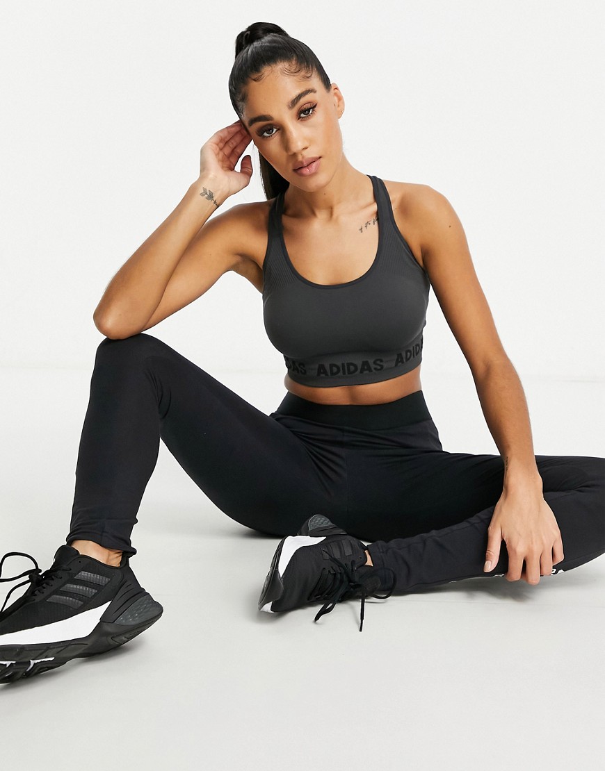 Adidas Training Aeroknit seamless light support sports bra in gray-Grey