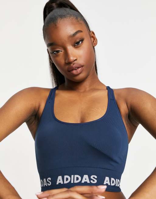 adidas Training Aeroknit seamless light support sports bra in navy